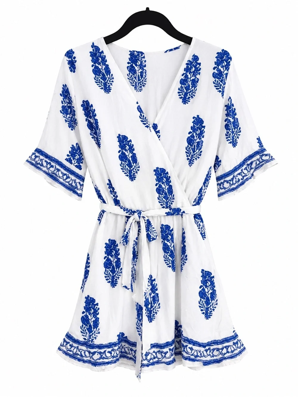 White V-Neck Romper with Blue Floral Print - Picture 5 of 5